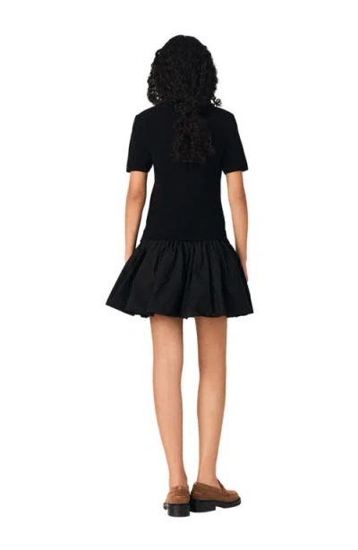 Maje Cotton-blend Rib Knit And Taffeta Mini Dress In Black
