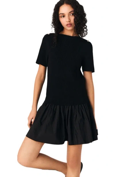 Maje Cotton-blend Rib Knit And Taffeta Mini Dress In Black