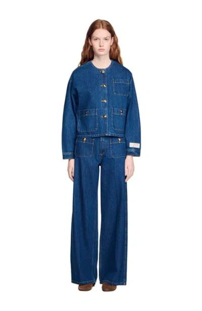 Sandro Statement Button Denim Jacket In Blue
