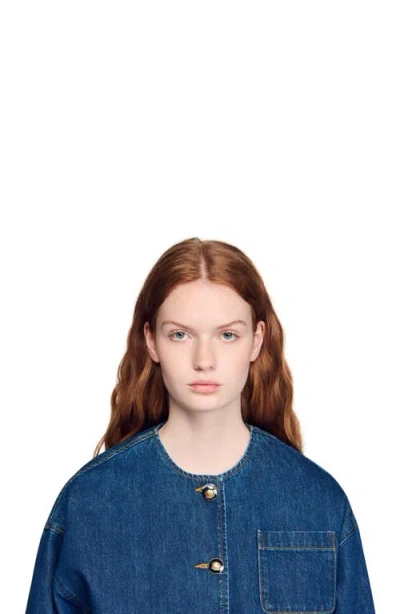 Sandro Statement Button Denim Jacket In Blue