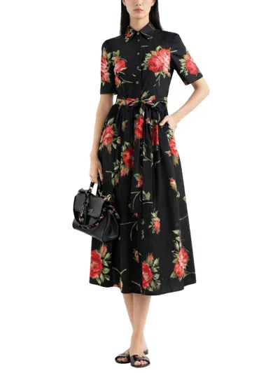 Dolce & Gabbana Belted Gathered Floral-print Cotton-poplin Midi Dress In Black