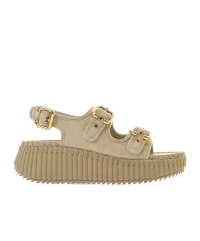 Chloé Chloe Nama Whipstitched Suede Wedge Sandals In Brown