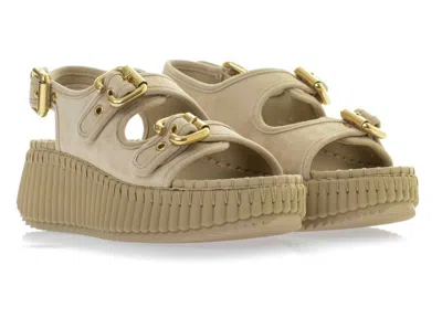 Chloé Chloe Nama Whipstitched Suede Wedge Sandals In Brown