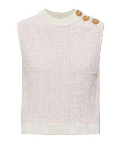 Balmain Knit Top Button Detail Sleeveless Round Neck In Pink