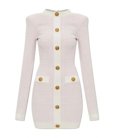 Balmain Buttoned Boucle Knit Strong-shoulder Mini Dress In White