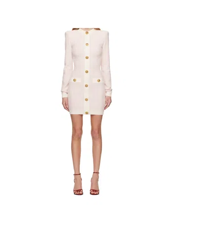 Balmain Buttoned Boucle Knit Strong-shoulder Mini Dress In White