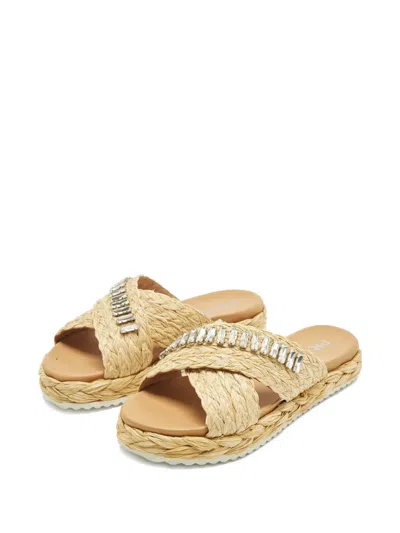 Pre-owned Prada Raffia Crystal-embellished Flat Espadrilles In Neutral