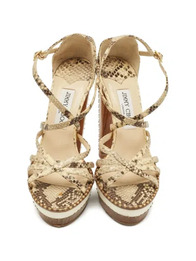 Pre-owned Jimmy Choo 110mm Python-embossed Ankle-strap Sandals In Neutral