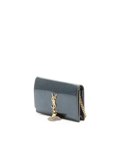 Saint Laurent Blue Glitter Patent Leather Monogram Kate Tassel Chain Wallet