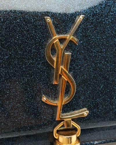 Saint Laurent Blue Glitter Patent Leather Monogram Kate Tassel Chain Wallet