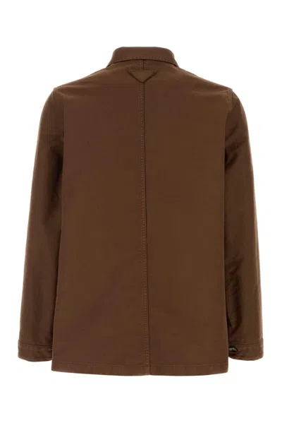 Prada Canvas Jacket Collared Chest And Front Pockets In Brown