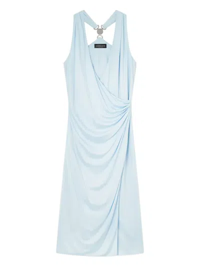 Versace Light Blue Midi Dress With V-neck And Medusa Plaque On The Back In Viscose For Women In Blue