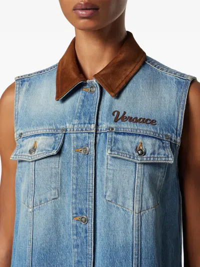 Versace Women Blue Sleeveless Buttoned Mini Dress, M Luxury Dresses For Women Darveys