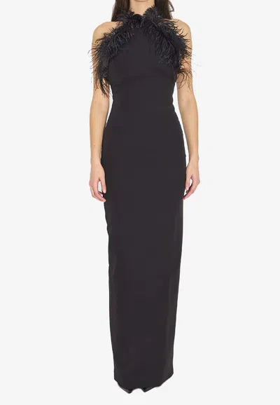 Attico Long Dress Cady Ostrich Feathers Detail In Brown