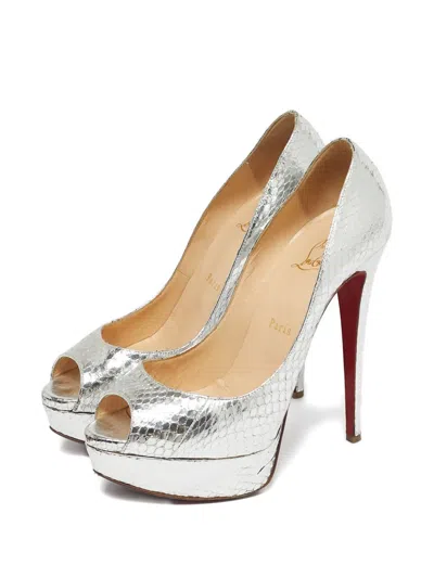 Pre-owned Christian Louboutin Python-embossed Leather Peep Toe Pumps In Silver