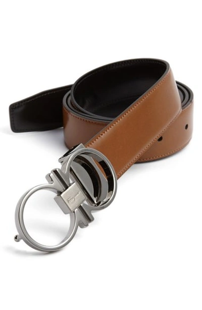 Ferragamo Adjustable & Reversible Double Gancini Leather Belt In Tan/black