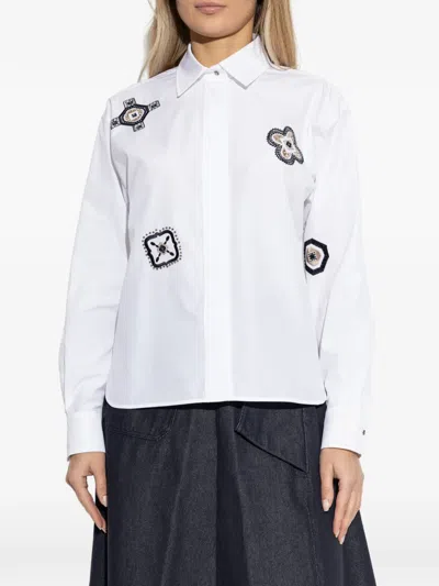 Max Mara Shirt Pointed Collar Long Sleeves Applique Embroidery In White