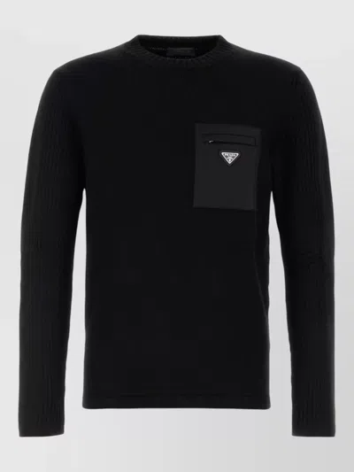 Prada Knit Top Long Sleeves Chest Pocket Ribbed In Black