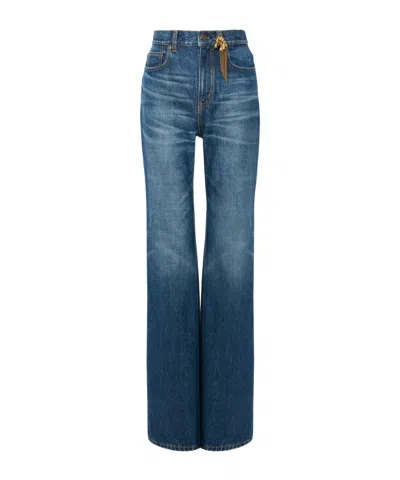 Chloé Women Blue Jeans With Wide Leg And Pendant Charm On The Front In Denim Woman In Blue