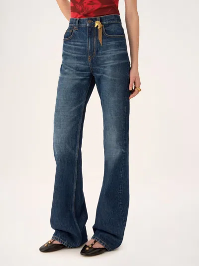 Chloé Women Blue Jeans With Wide Leg And Pendant Charm On The Front In Denim Woman In Blue