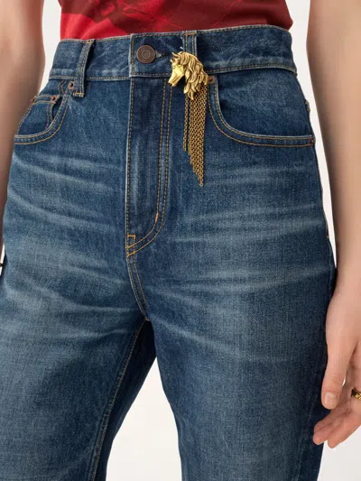 Chloé Women Blue Jeans With Wide Leg And Pendant Charm On The Front In Denim Woman In Blue