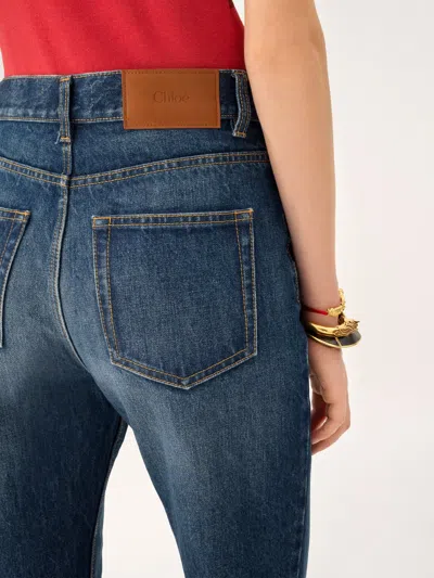 Chloé Women Blue Jeans With Wide Leg And Pendant Charm On The Front In Denim Woman In Blue