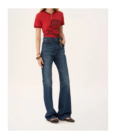 Chloé Women Blue Jeans With Wide Leg And Pendant Charm On The Front In Denim Woman In Blue