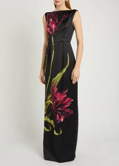 Erdem Floral-print Duchess Satin Sleeveless Gown In Black