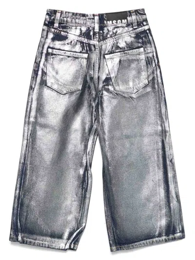 Msgm Metallic Silver Jeans In Blue