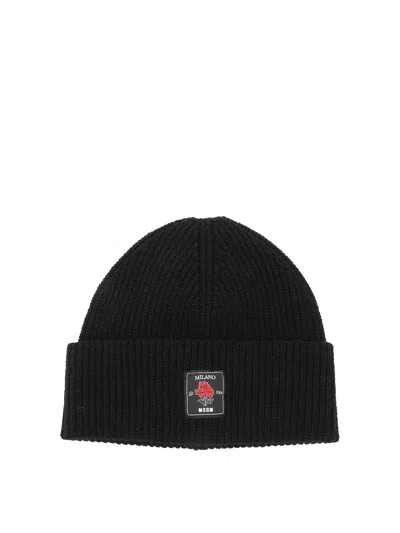 Msgm Rose-patch Ribbed Beanie Accessories In Black