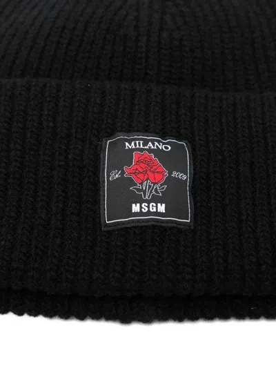 Msgm Rose-patch Ribbed Beanie Accessories In Black
