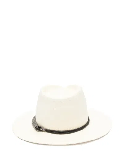 Brunello Cucinelli Beige Monile Textured Fedora Hat In White