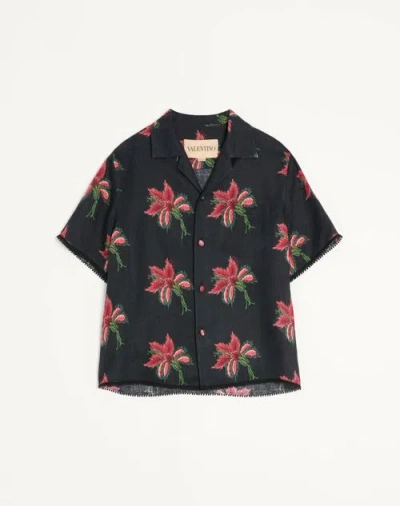 Valentino Camp Collar Shirt Floral Pattern Short Sleeves In Blue