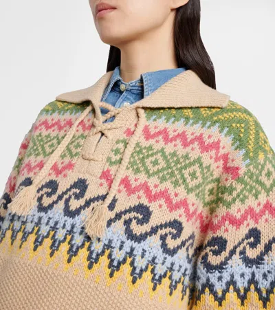 Polo Ralph Lauren Cotton Wool Blend Long Sleeve Tie Pullover Tan Multi In Neutral