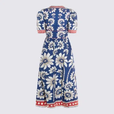 Farm Rio Luna Blue Long Dress With V Neck And All-over Floral Motif In Cotton Woman