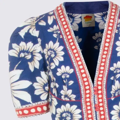 Farm Rio Luna Blue Long Dress With V Neck And All-over Floral Motif In Cotton Woman