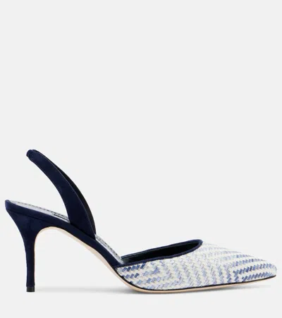 Manolo Blahnik Carolyne 70 Raffia Slingback Pumps In White