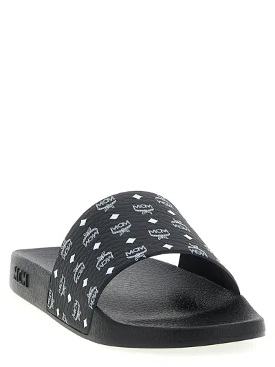 Mcm Monogram Print Rubber Slides In Black