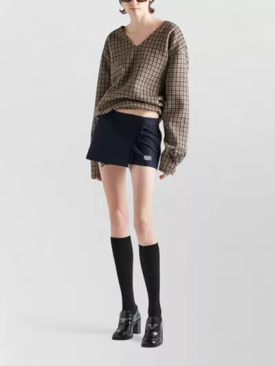 Prada Check Pattern V-neck Angora-virgin Wool Blend Top In Brown