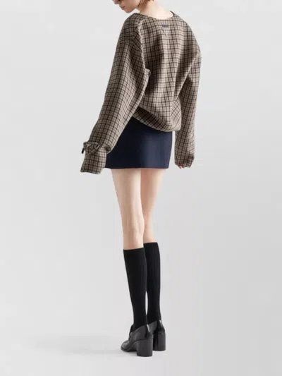 Prada Check Pattern V-neck Angora-virgin Wool Blend Top In Brown