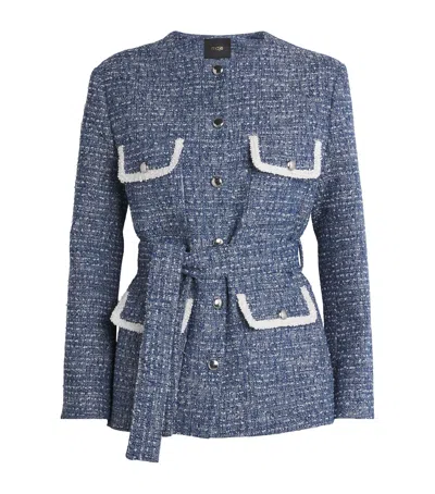 Maje Womens Blue Four-pocket Belted Tweed Jacket