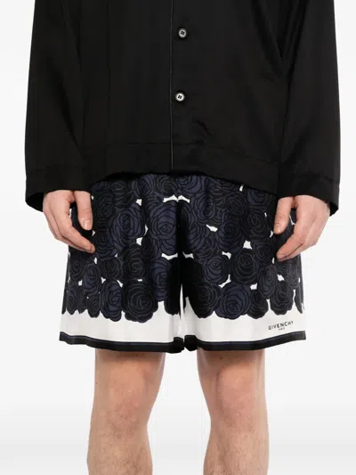 Givenchy Mens Dark Navy Roses Drawstring Silk Shorts In Blue