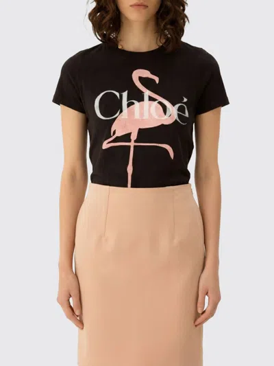 Chloé Women Black Crewneck T-shirt With Maxi Logo Print On The Front In Cotton Woman