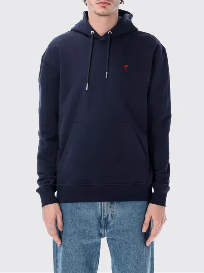Ami Alexandre Mattiussi Ami Navy Blue Cotton Jersey Hoodie With Signature Monogram