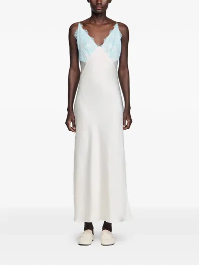 Sandro Womens Ecru V-neck Lace-trim Satin Maxi Dress In Nude