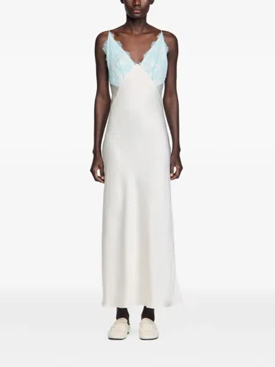 Sandro Womens Ecru V-neck Lace-trim Satin Maxi Dress In Nude