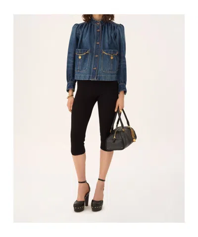 Chloé Blue Jacket With High Neck And Chain Detail On The Front In Denim Woman