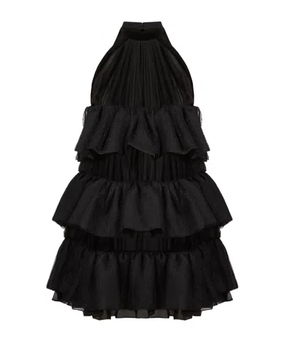 Nina Ricci Halterneck Ruffled Crinkled Silk-chiffon And Polka-dot Mesh Mini Dress In Black