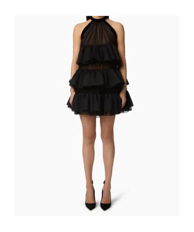 Nina Ricci Halterneck Ruffled Crinkled Silk-chiffon And Polka-dot Mesh Mini Dress In Black