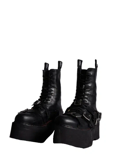 R13 Black Strapped Double Stack Boots In Black
